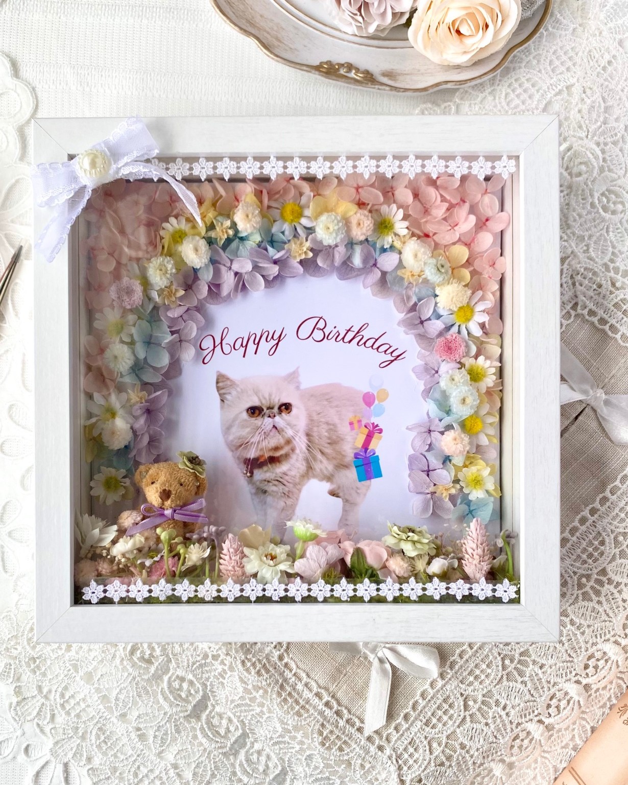 【うちの子のお祝いフレーム】木枠ガラスフレーム/AR-511 / 21×21×D5㎝/写真・お名前・メッセージ入(フルールちよさん)のメインイメージ