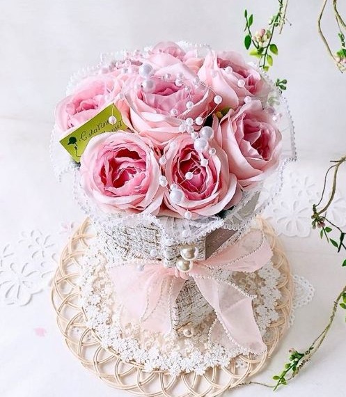 ツイードブーケ・パステルピンク（カタリーヌフラワー）AR-0505/φ1７×H30㎝(フルールちよさん)のメインイメージ