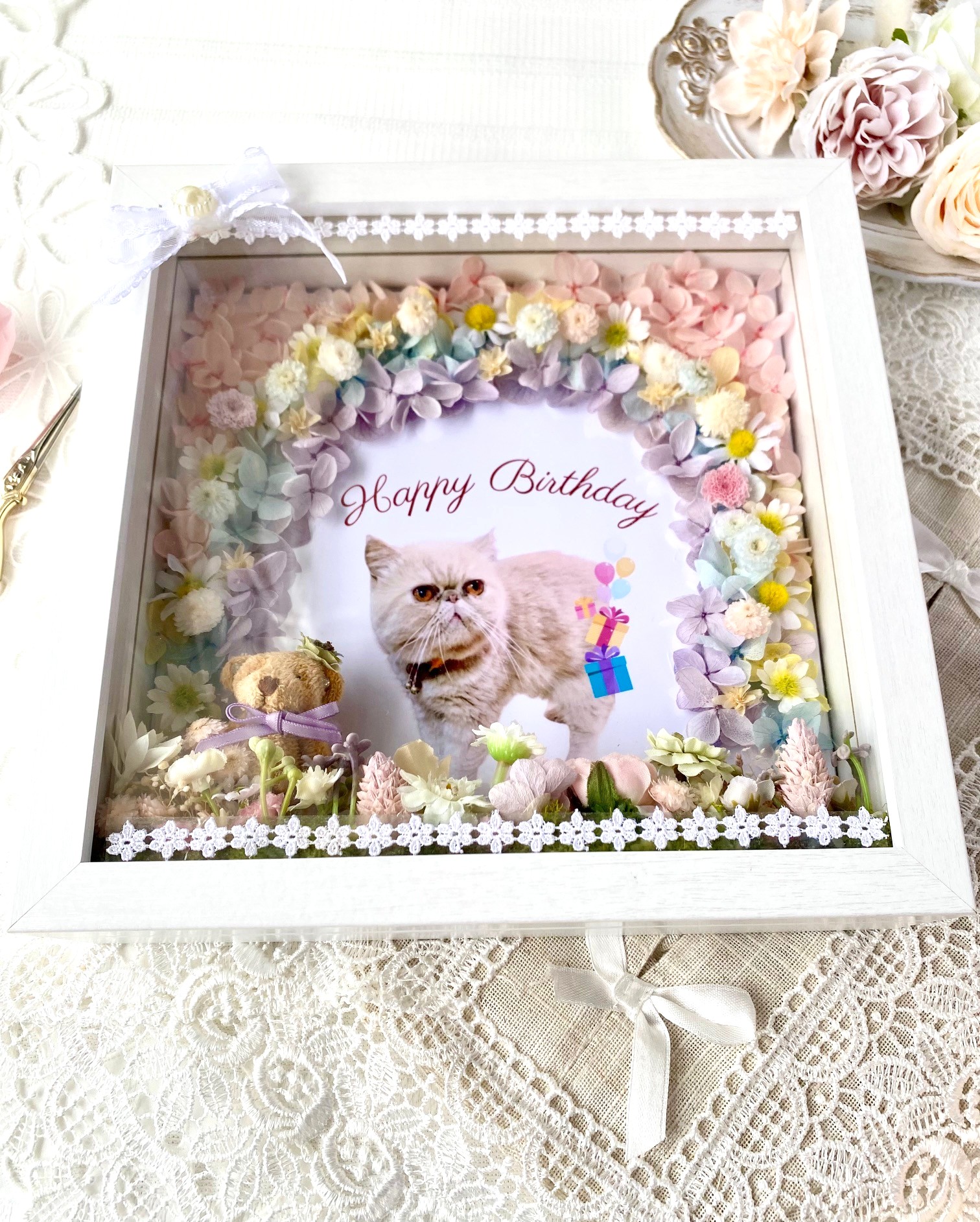 【うちの子のお祝いフレーム】木枠ガラスフレーム/AR-511 / 21×21×D5㎝/写真・お名前・メッセージ入(フルールちよさん)のメインイメージ