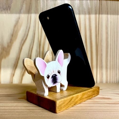 フレンチブルドッグのスマホスタンド【君は放物線を見たか？】台座：レギュラー(木工房ゆうむさん)のメインイメージ